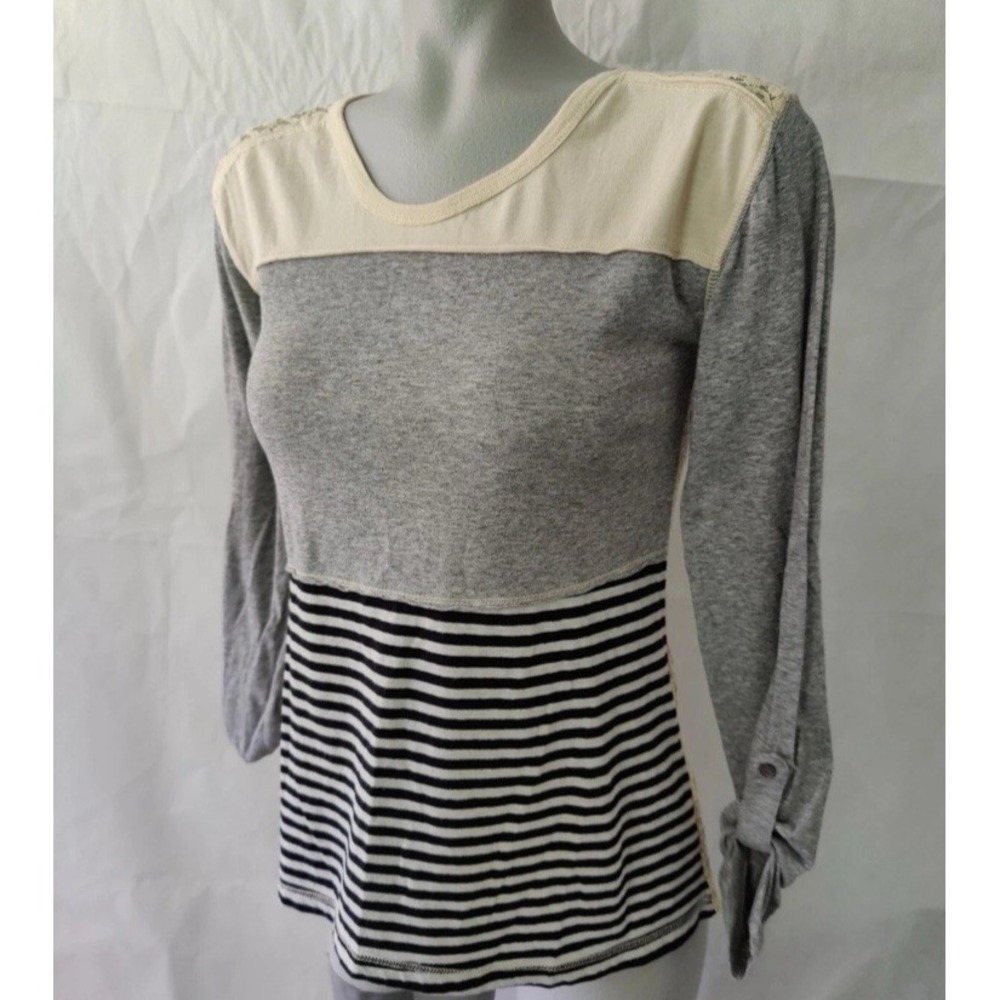 Lace Crochet Back Gray Cream Colorblock Women's 3/4 Sleeve Sz M Cottagecore Boho